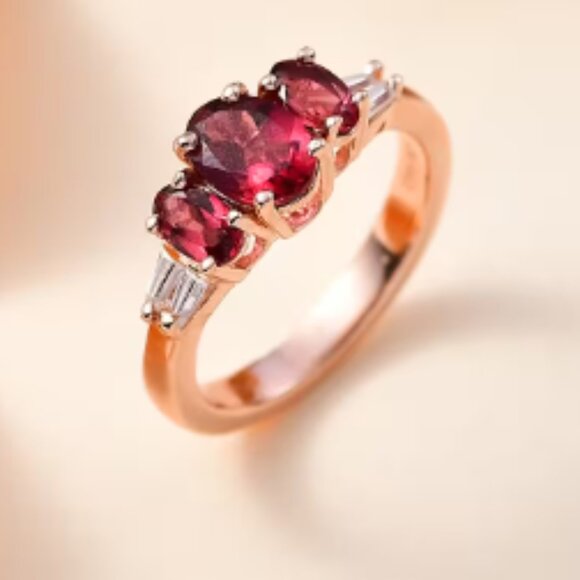 D Joy Jewelry - Tanzanian Wine Garnet and Moissanite Trilogy Ring